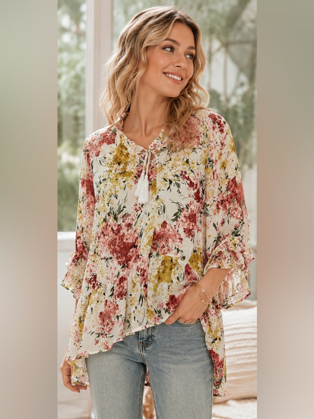 Umgee Floral Tiered Babydoll Blouse L Ruffle Sleeve Boho Top Ivory Rose